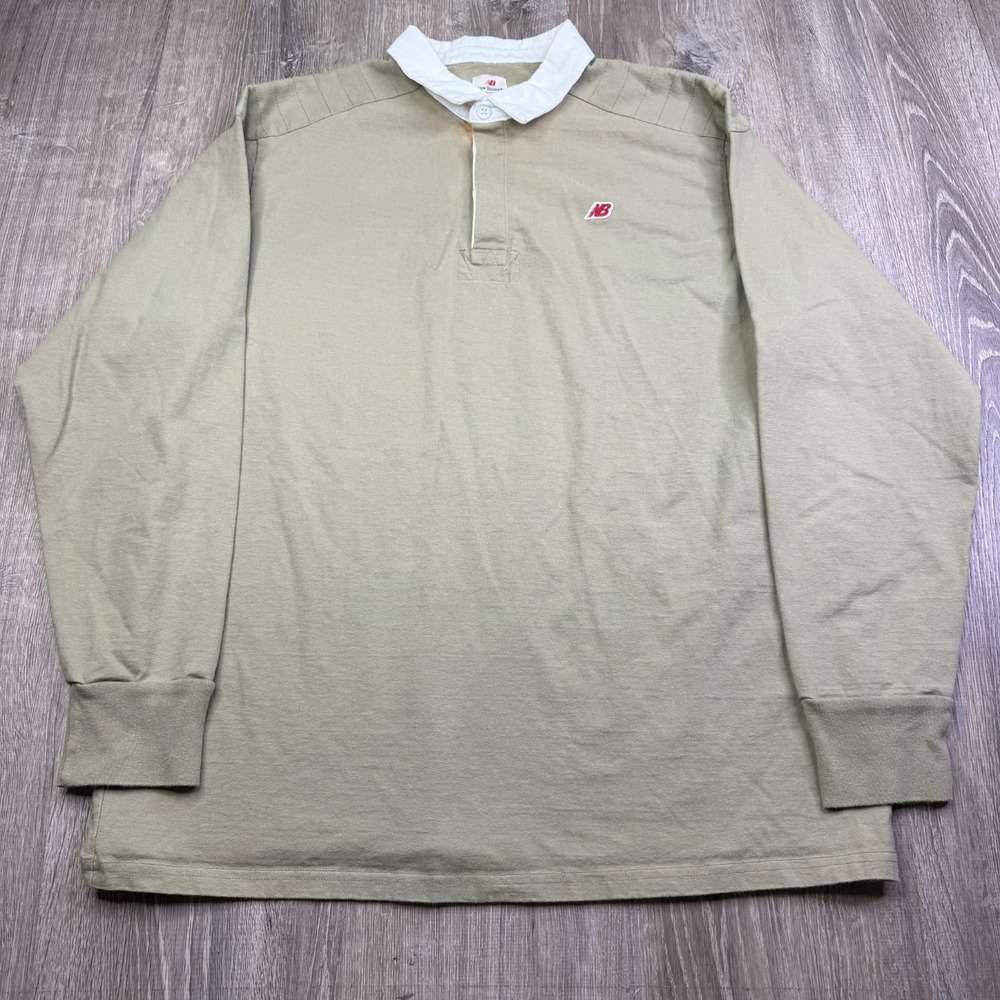 New Balance Mens Khaki Cotton Logo Made in USA Long Sleeve Polo Shirt Size 2XL
